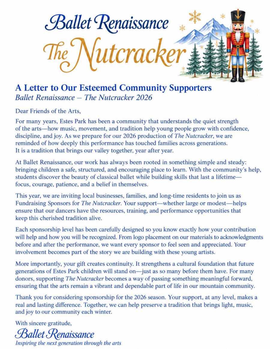 Cover of the 2026 Ballet Renaissance Nutcracker sponsorship letter